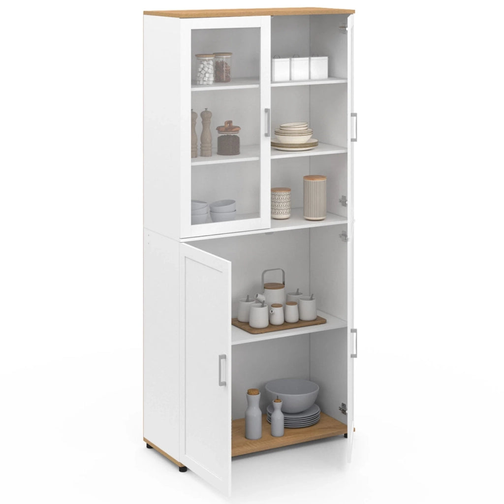 IDMarket - Mobiletto da bagno VITO a 4 ante, di cui 2 vetrate, bianco e legno