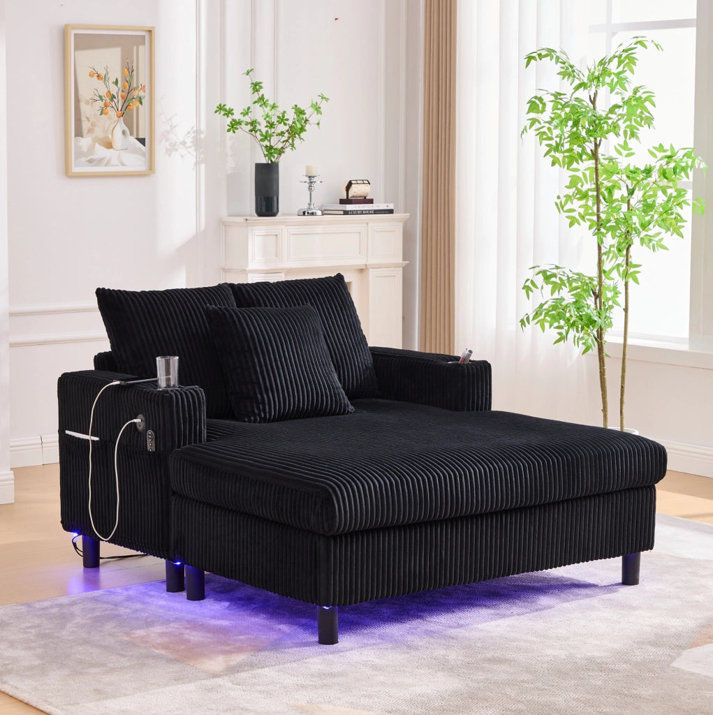 Poltrona relax oversize in velluto a coste nero con LED; USB; portabicchieri; 142 cm