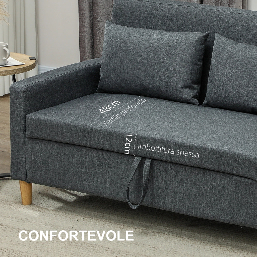 Divano 2 Posti con Cuscini e Contenitore in Tessuto e Legno ¨C Minimal ¨C Grigio Carbone 135x72x84
