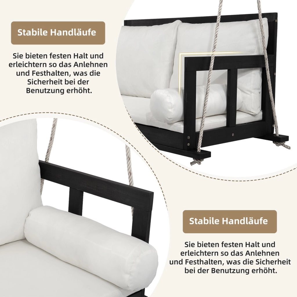 Altalena doppia altalena sospeso per il giardino esterno inclusi cuscini e due corde telaio non incluso. Il cuscino è rimovibile e lavabile. Realizzato in legno di acacia nero+beige