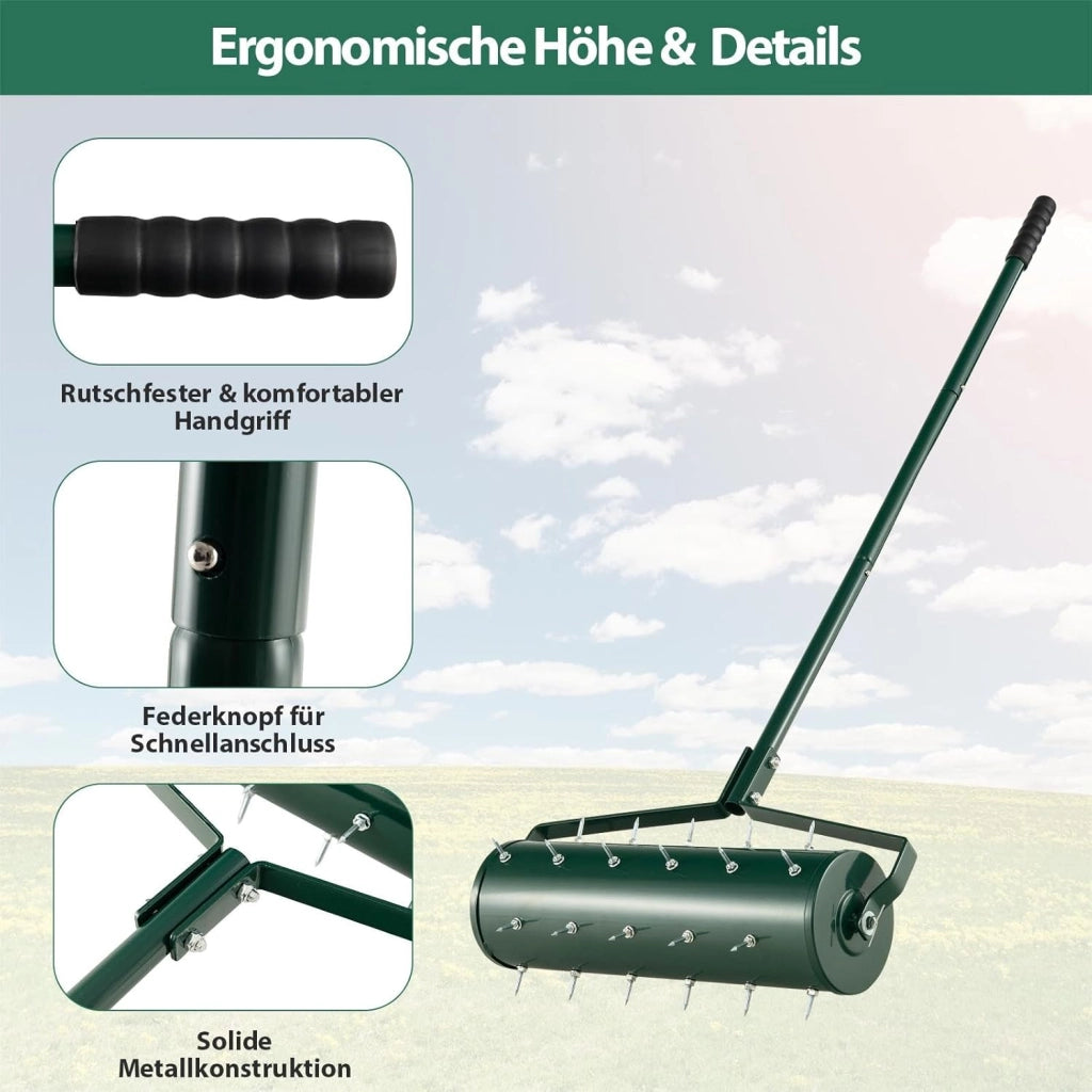 Arieggiatore per Prato a Rullo 44/53 cm, Aeratore Rullo da Giardino Manuale con Chiodi da 3,5 cm, in Metallo Antiruggine con Manico, Ideale per Prato, Orto e Terreno (53 x 130 cm, Verde)