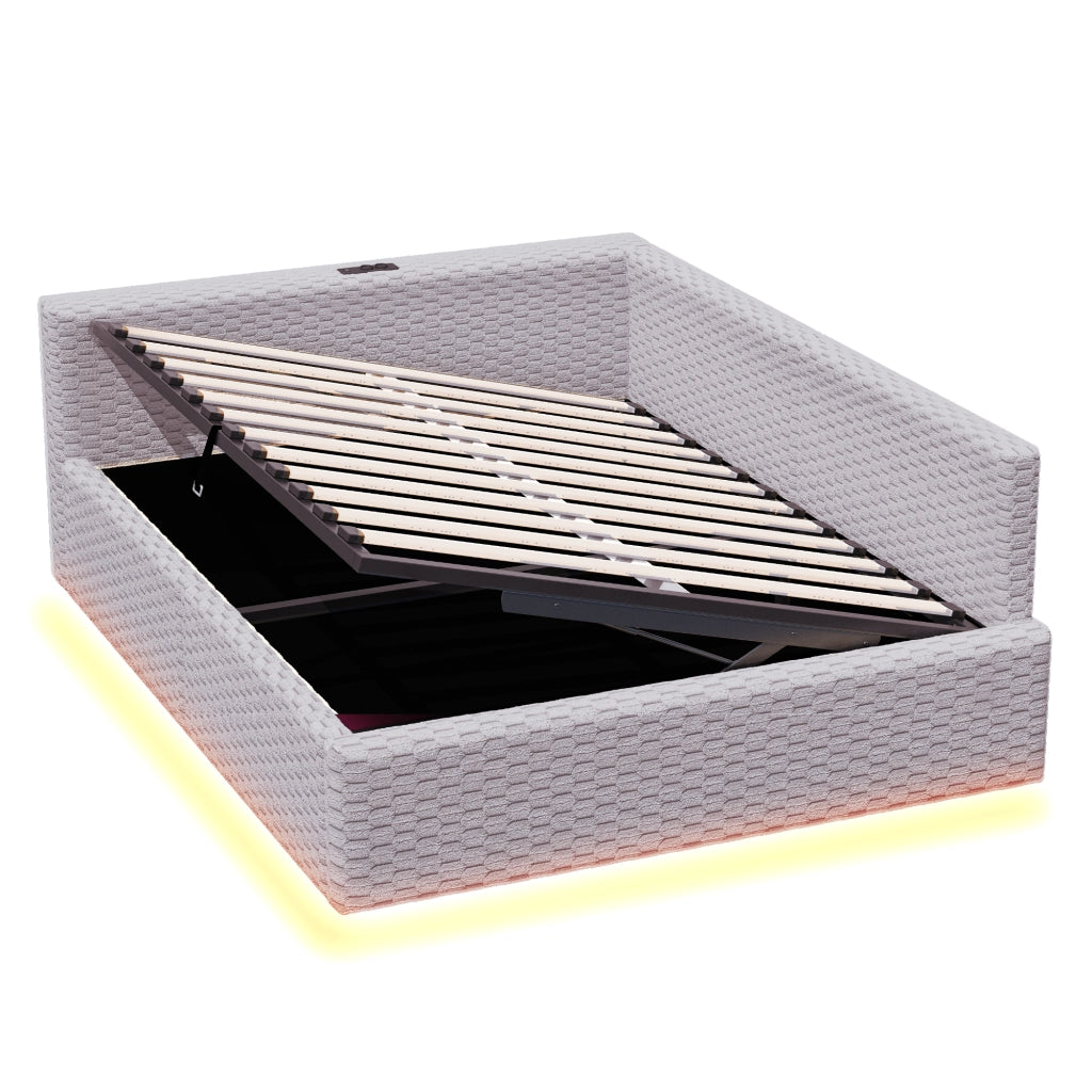 Letto Imbottito 140x200 con LED ¨C MINIMAL ¨C Velluto Grigio, Idraulico, USB