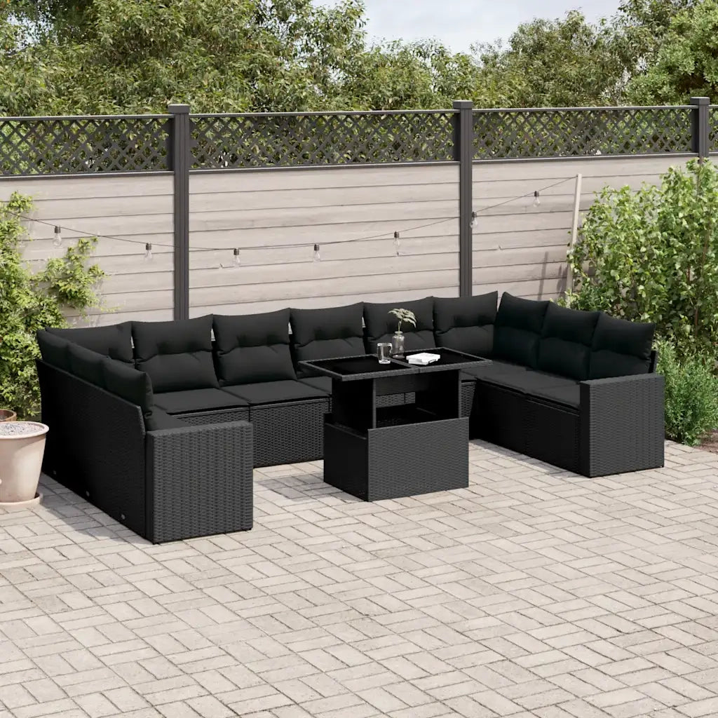 Set Divani da Giardino 11 pz con Cuscini in Polyrattan Nero
