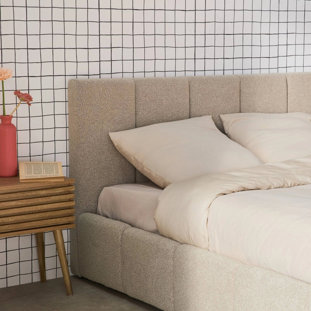 Letto contenitore con rete a doghe e testiera 160x200cm, bouclé ,