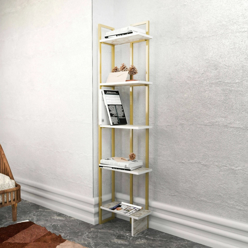 Libreria Giraffa, Scaffale da ufficio, Mobile portalibri, Biblioteca, 45x22h180 cm, Bianco e Oro