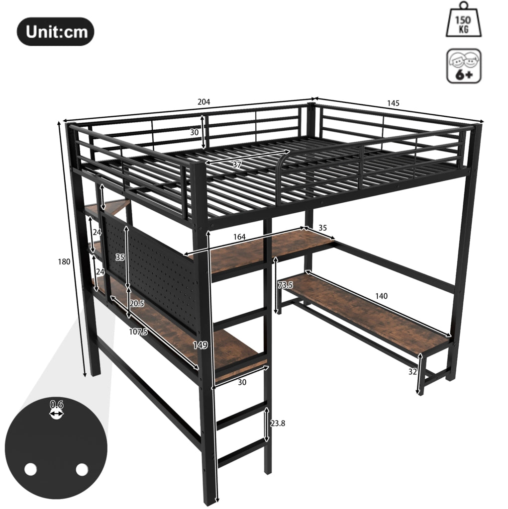 Letto a soppalco 140x200 cm in metallo con scrivania; LED; USB Type-C e ripiani; nero