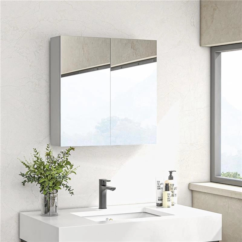 ARMADIETTO A SPECCHIO A 3 RIPIANI INTERNI REGOLABILI, IN LEGNO E VETRO, 60X15X60 CM, BIANCO