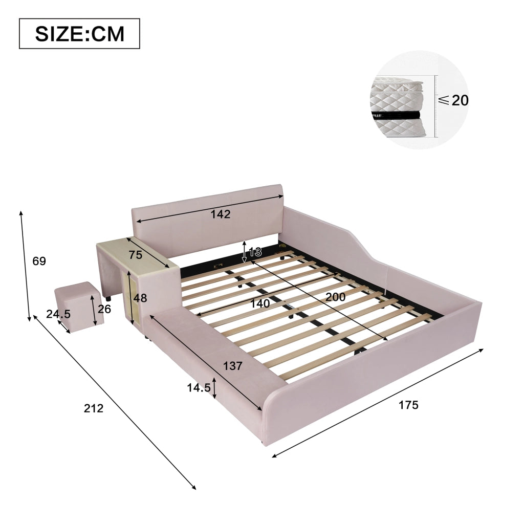 LETTO imbottito 140x200 cm Velluto Rosa con scrivania, sgabello e ripiano