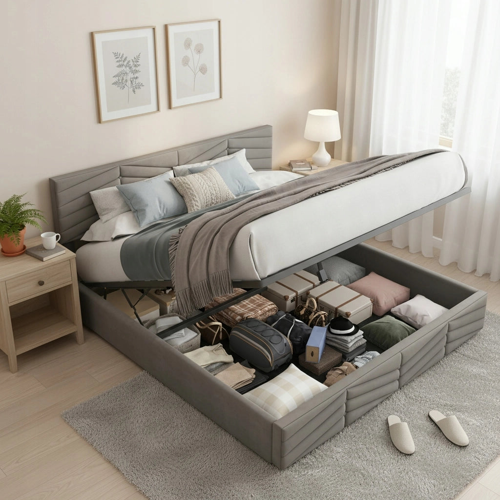 Letto imbottito 140x200 - Xylo - Grigio, velluto, meccanismo idraulico