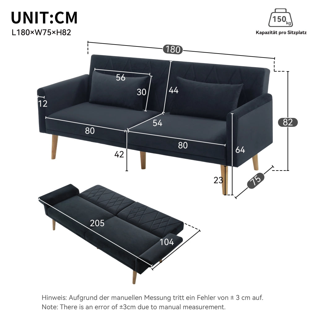 Divano Letto 2 Posti in Velluto ¨C MINIMAL ¨C Grigio