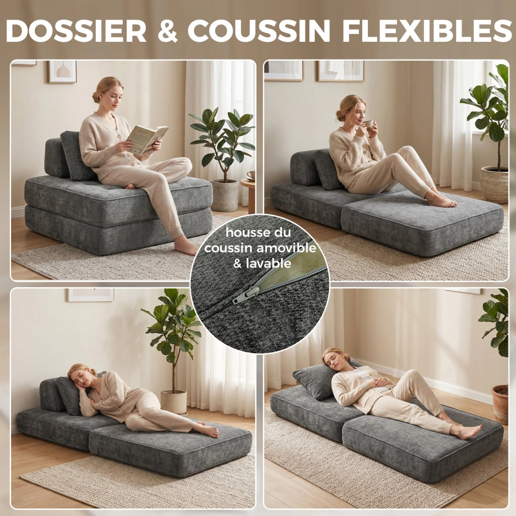 Divano letto 2 posti ¨C zephmum ¨C grigio con cuscino e chenille