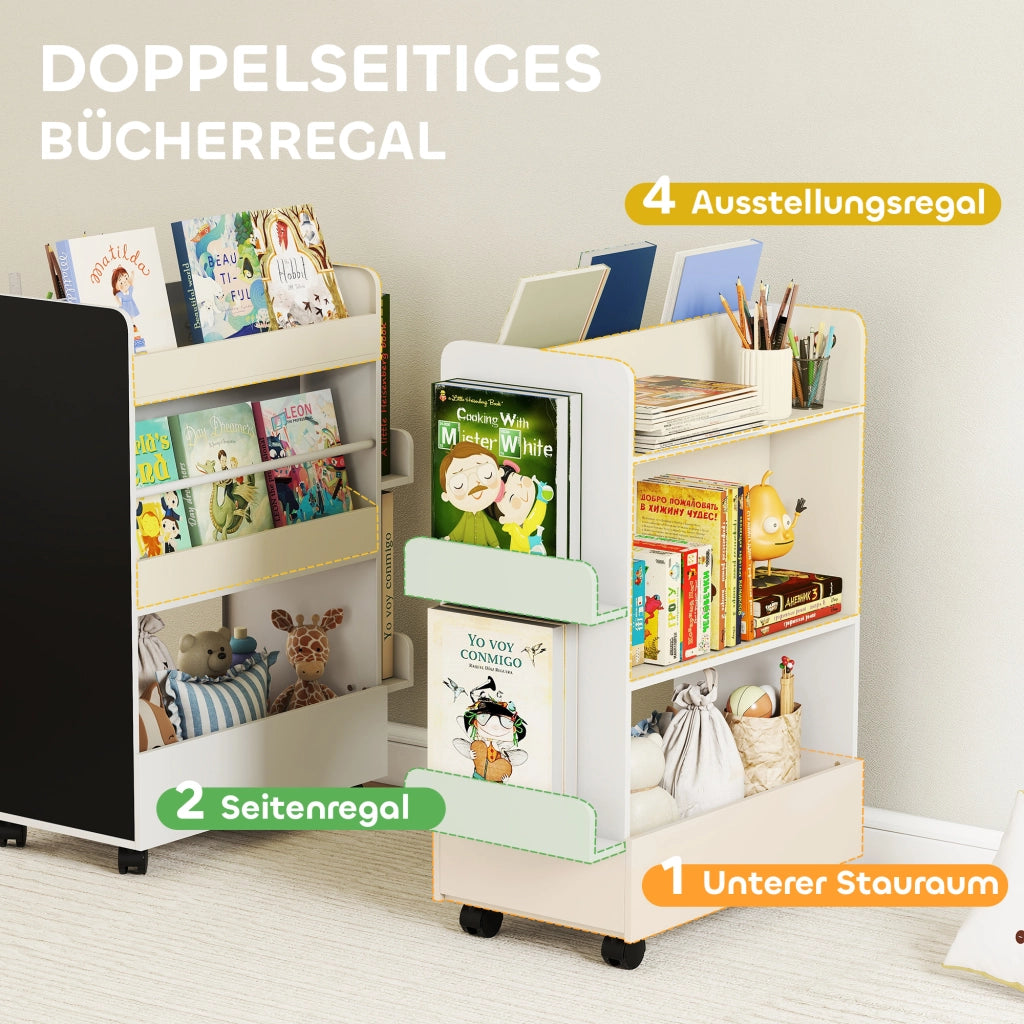 Libreria per bambini con 4 ripiani, cassetto, lavagna e rotelle ¨C zephmum ¨C 66.5x32.5x86.5 cm bianco