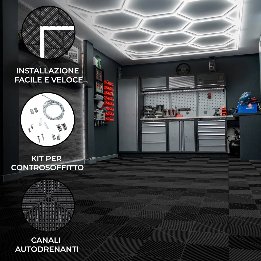 120 piastrelle modulari Nere + 14 luci LED esagonali 6500K e bordi.