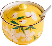 Set di contenitori per spezie in ceramica, 300ml, con coperchio e cucchiaio, decorazione fiorata, set di contenitori per sale e zucchero per cucina e tavola da pranzo (Giallo)