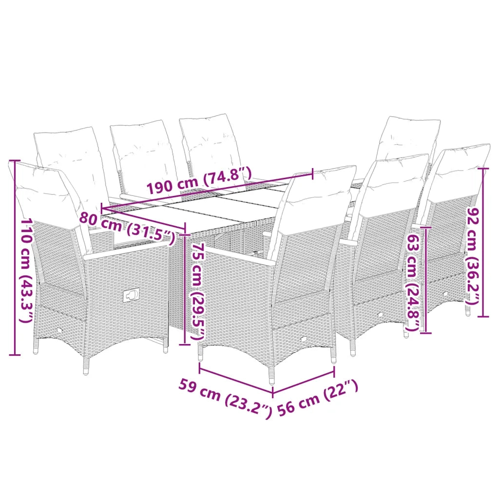 Set Bistrò da Giardino 9 pz con Cuscini in Polyrattan Grigio 3276974
