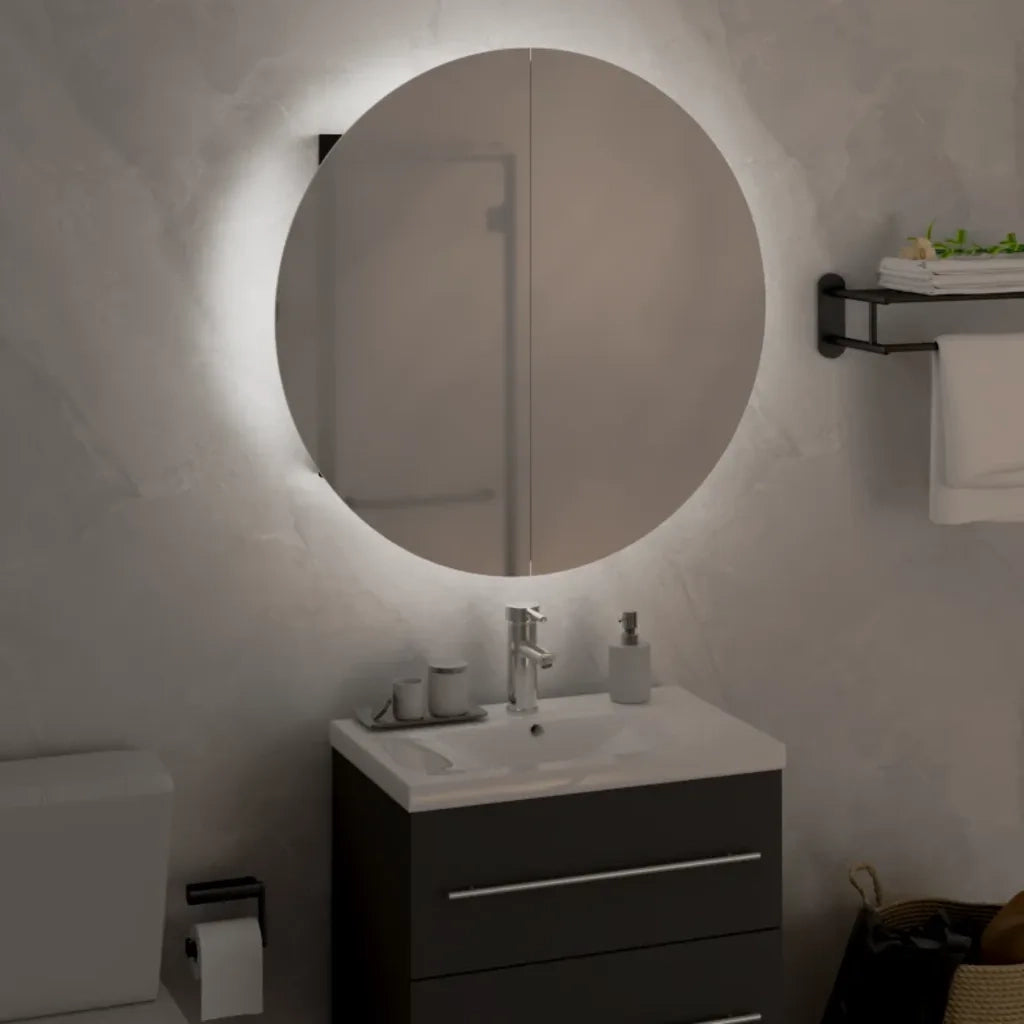 Armadio da Bagno | Mobile da Bagno con Specchio Rotondo e LED Nero 47x47x17,5 cm