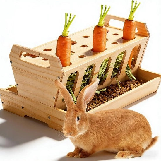 Fodero con appoggio per radice per conigli e piccoli animali in legno naturale, alimentazione auto-servizio e robusto, accessori per cavia, hamster, ratti