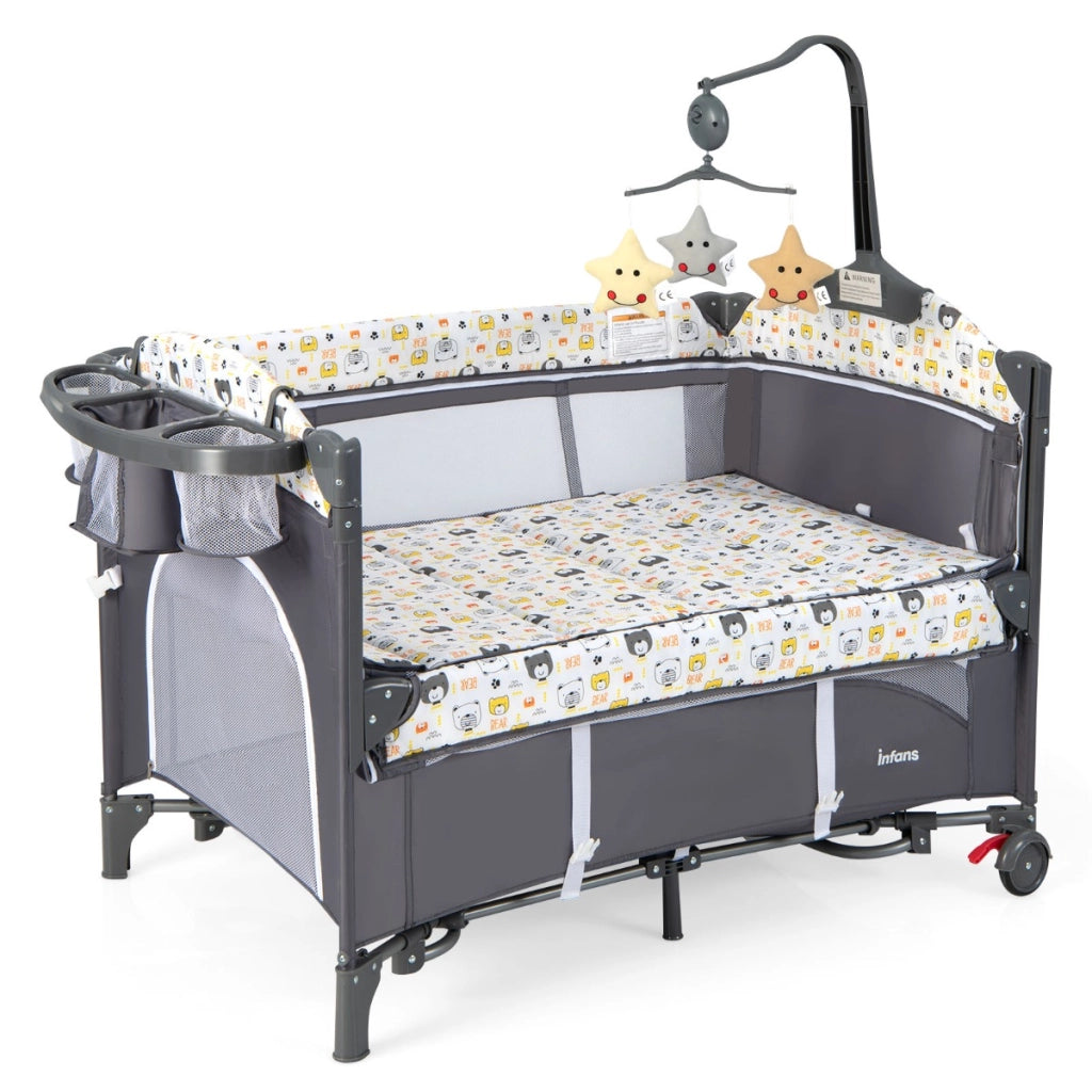 Culla 5-in-1 con materasso cambio pannolini carillon e giocattoli appesi, Dondolo portatile per neonati Grigio