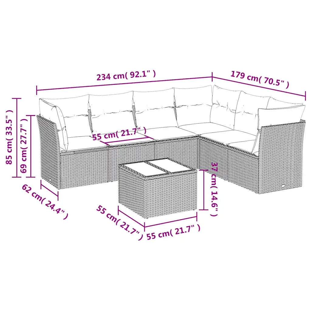 Set Divano da Giardino 7pz con Cuscini Marrone in Polyrattan