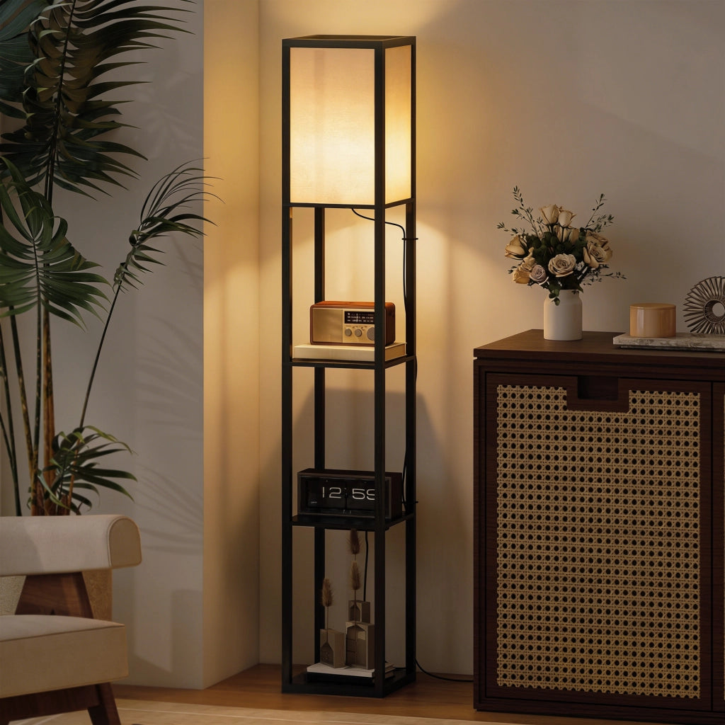 Lampada da Terra con Ripiani, Luce Regolabile, Interruttore a Pedale e Porte USB, Nero