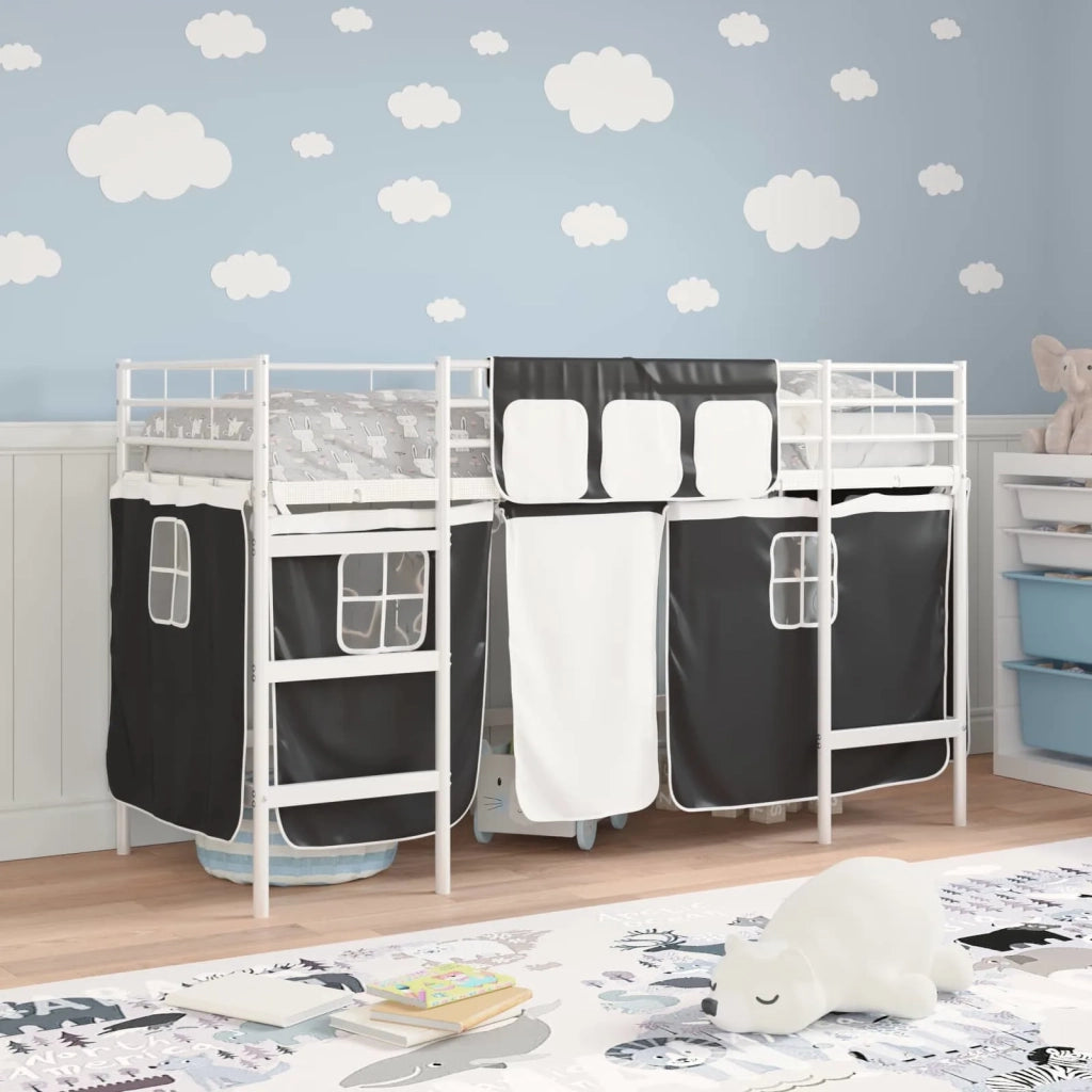 Struttura del Letto Loft per Bambini con Tendine-Giroletto per bambini Bianco e Nero 117516