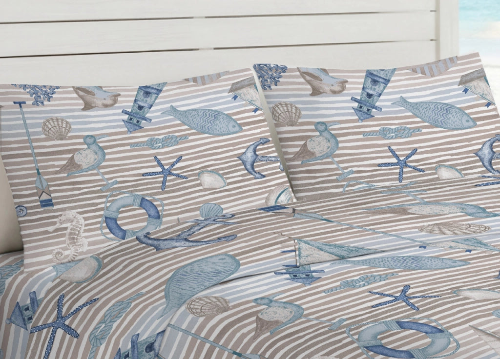 Completo Lenzuola Letto In 100% Cotone Made Italy Disegno Mare - Maxi - Beige