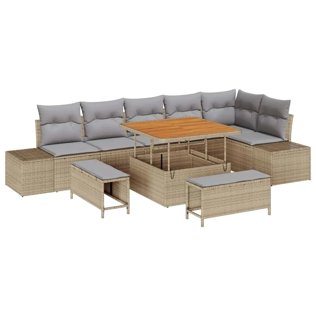 Set Divano da Giardino con cuscino 9 pcs Beige polyrattan