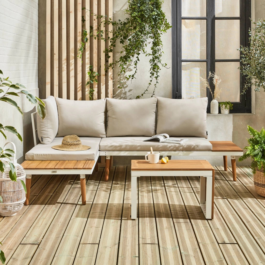 Salotto da giardino in alluminio e acacia,  4 posti, bianco