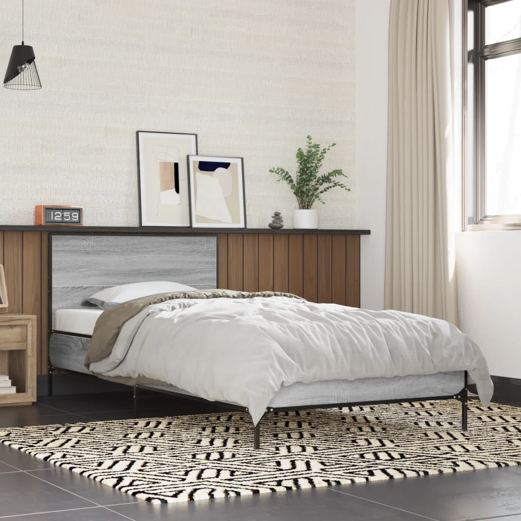 Letto singolo | Letto per adulti | Giroletto Grigio Sonoma 100x200 cm Legno Multistrato e Metallo