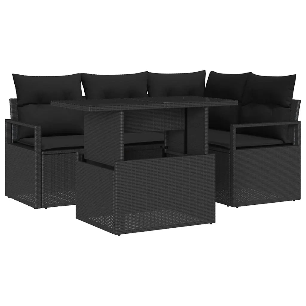 Set Divano da Giardino con cuscino 5 pcs Nero polyrattan