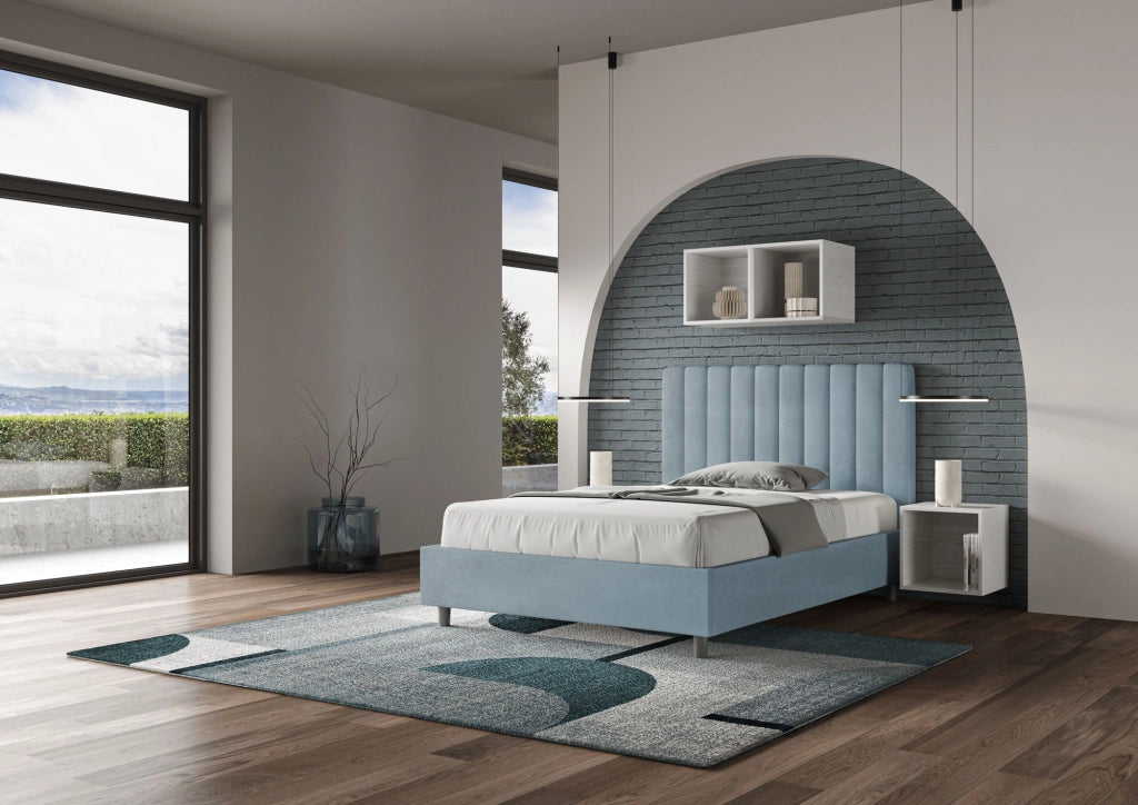 BS COM Letto una piazza e mezza con rete imbottito 120x210 microfibra azzurro