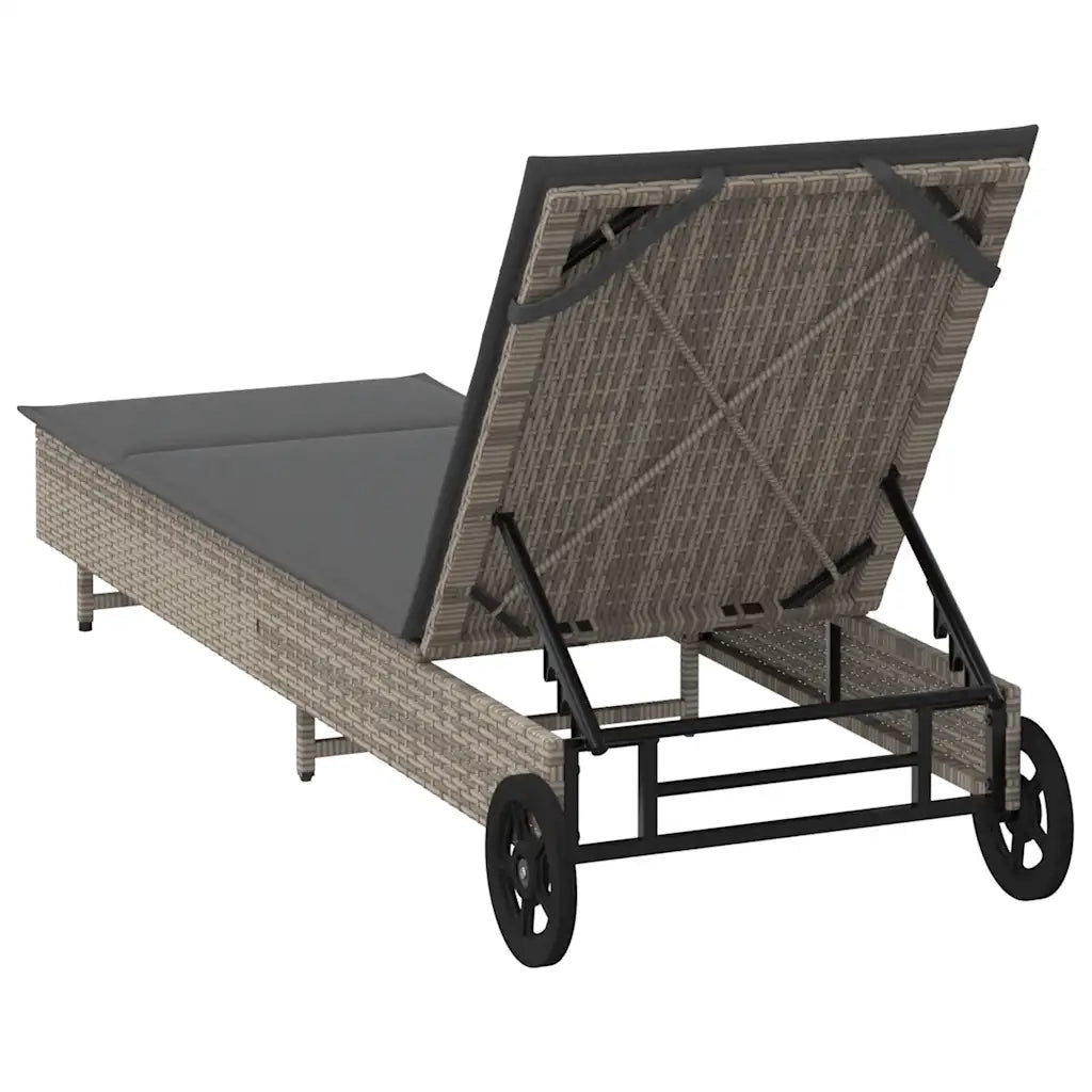 Lettino Prendisole con Ruote e Cuscino in Polyrattan Grigio 4104035
