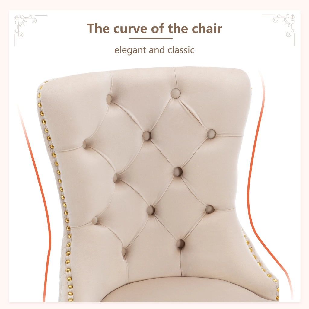 2 Sedie da Pranzo con Anello sullo Schienale; Borchie Decorative e Piedini Regolabili; Velluto; Beige