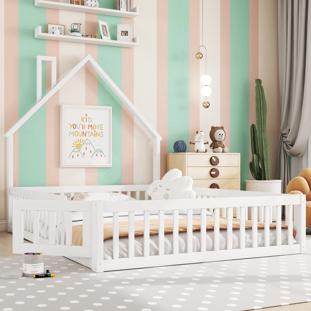 LETTO per bambini 140x200 cm con sponde di sicurezza, pino e MDF bianco