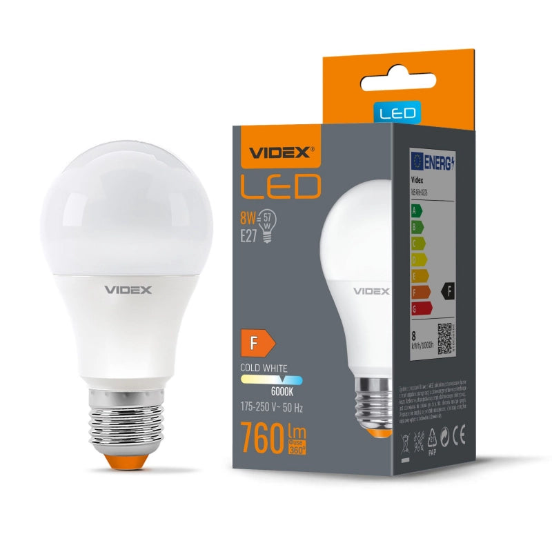 Lampadina LED A60 E27 8W 760lm 6000K fredda opalina Videx
