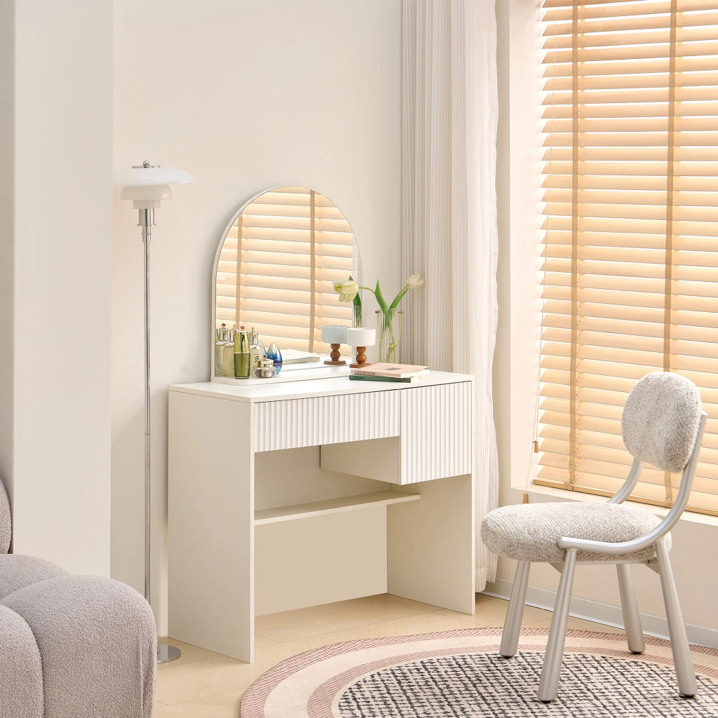 Tavolo trucco con specchio arcuato, 2 cassetti, design moderno, bianco, MDF