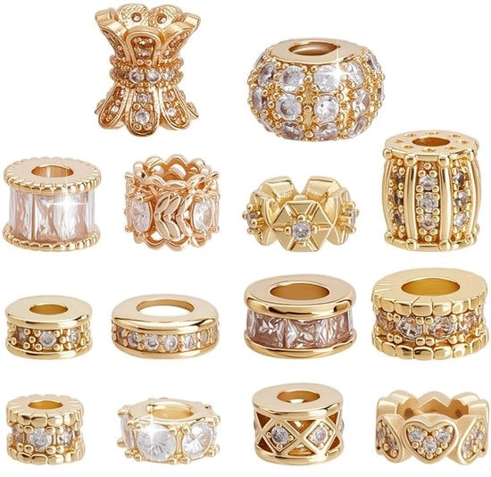 Kralen 14 pezzi - 18K dorati - Zirkonia d'oro - Kralen singoli - Creazione di gioielli - Kralen artigianali