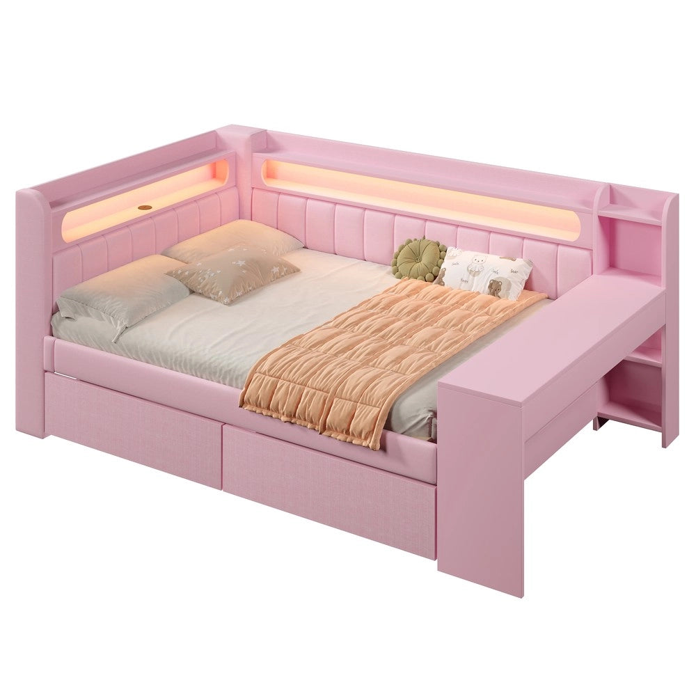 Letto Imbottito con Scrivania e Cassetti, LED e USB ¨C Xylo ¨C 140x200, Rosa
