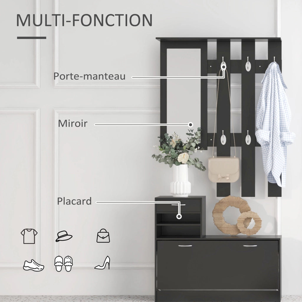 Mobile ingresso con appendiabiti, specchio e scarpiera ¨C zephmum ¨C nero