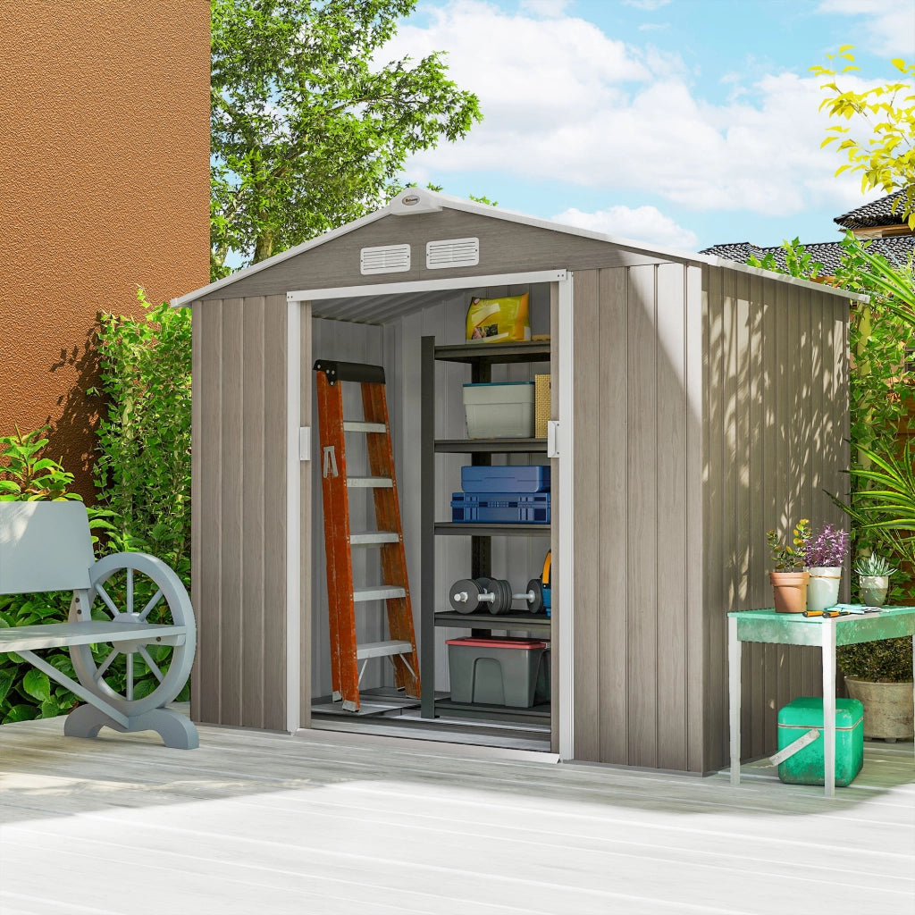 Casetta da Giardino ¨C zephmum ¨C Effetto Legno 213x130x185 cm con 2 Porte Scorrevoli e 4 Finestre