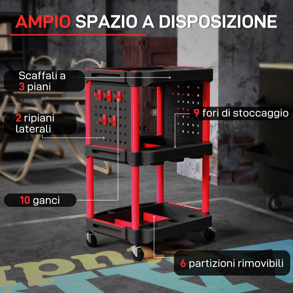 Carrello Porta Attrezzi a 3 Livelli ¨C Minimal ¨C Nero e Rosso