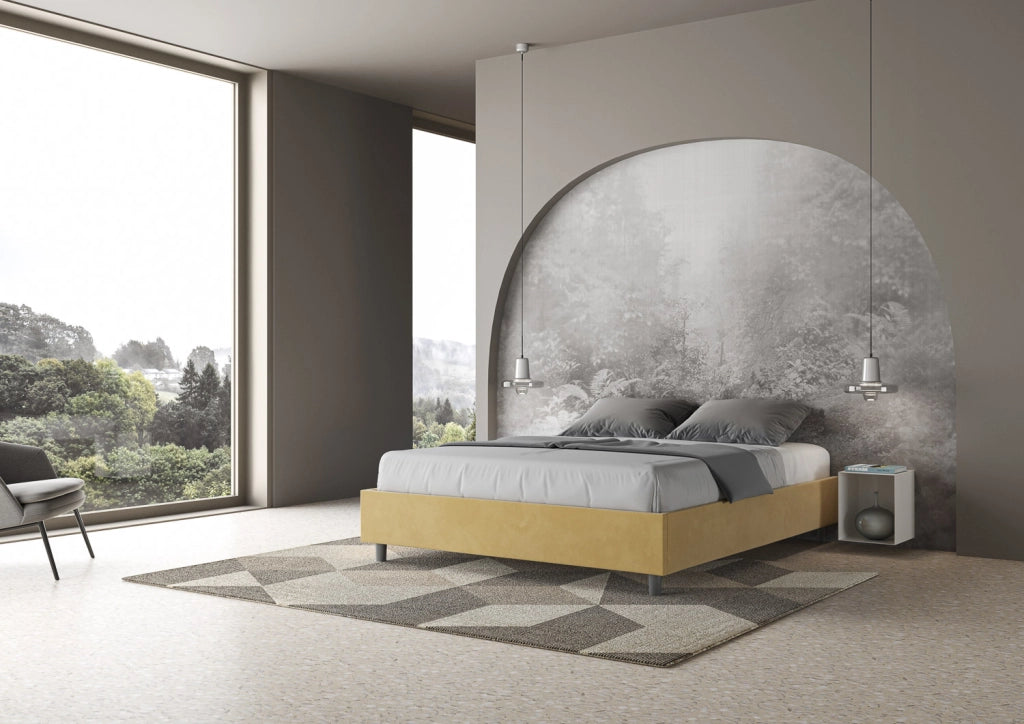 BS COM Letto queen size con rete imbottito 150x190 microfibra ocra