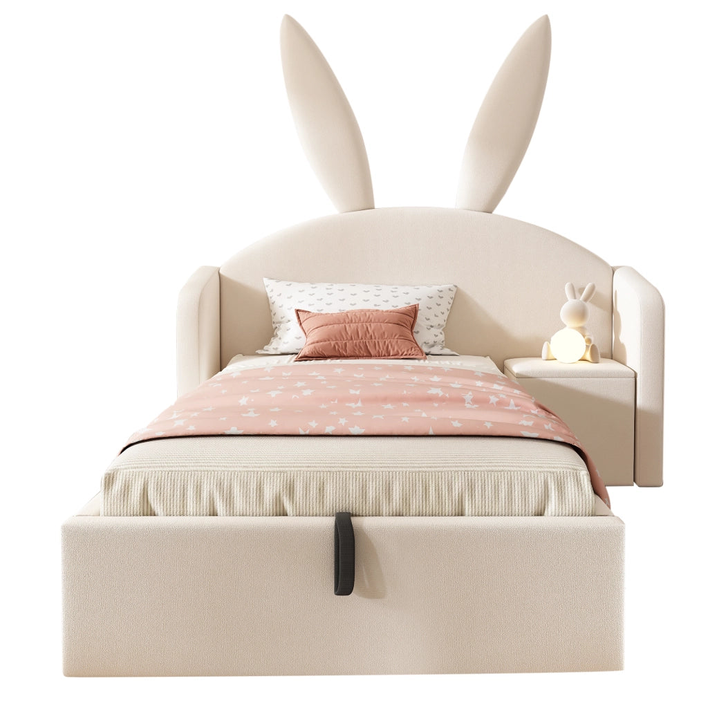 Letto Imbottito Singolo con Contenitore Idraulico e Comodino ¨C MINIMAL ¨C Velluto Beige 90x200