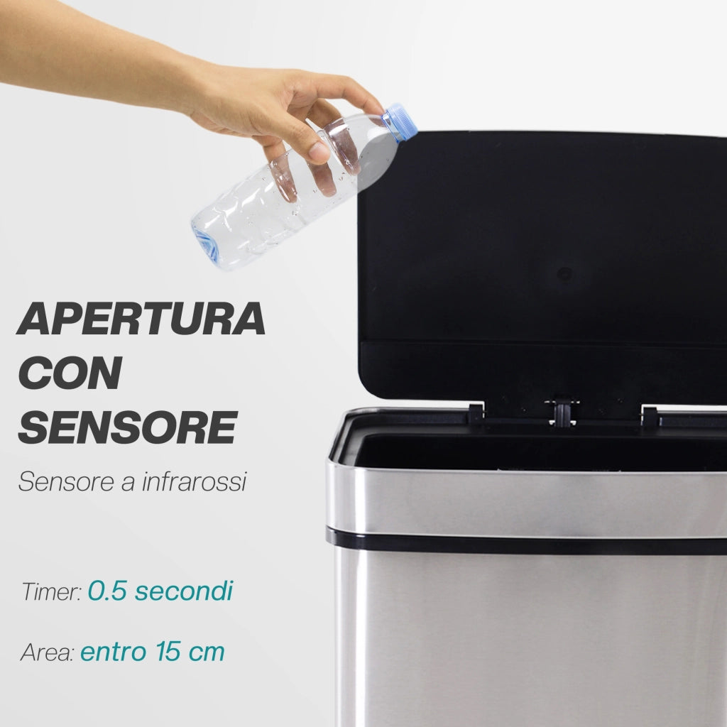Pattumiera a 3 Scomparti con Sensore Infrarossi ¨C Minimal ¨C Acciaio e ABS, 42x30x81 cm