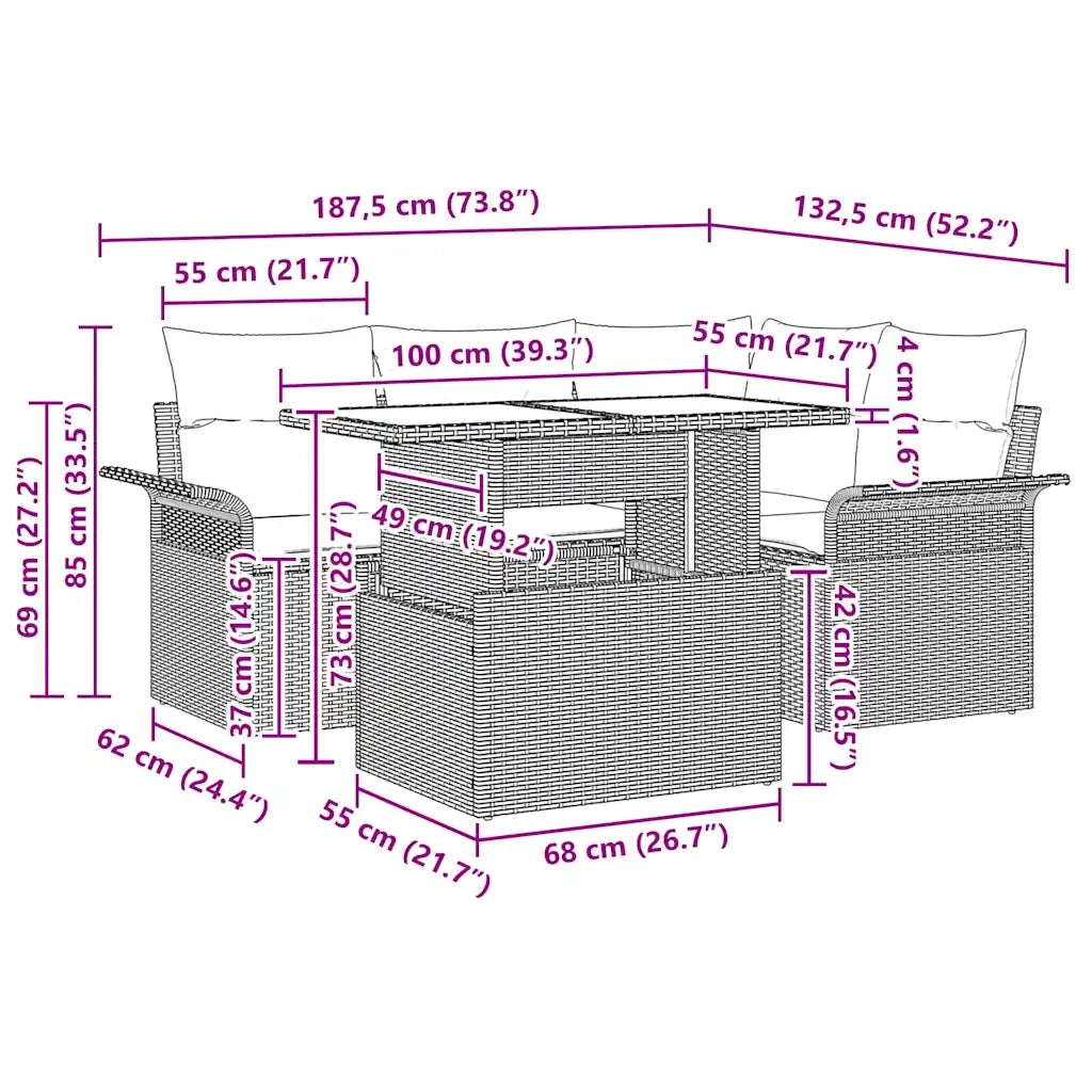 Set Divano da Giardino con cuscino 5 pcs Nero Poly Rattan 3357010
