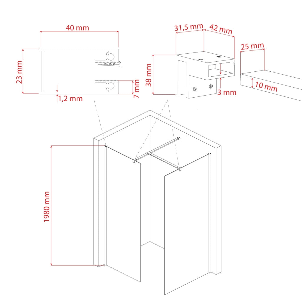 Box doccia Parete 90x170 CM 198 CM in vetro trasparente 8 MM mod. Walk in Black Corner