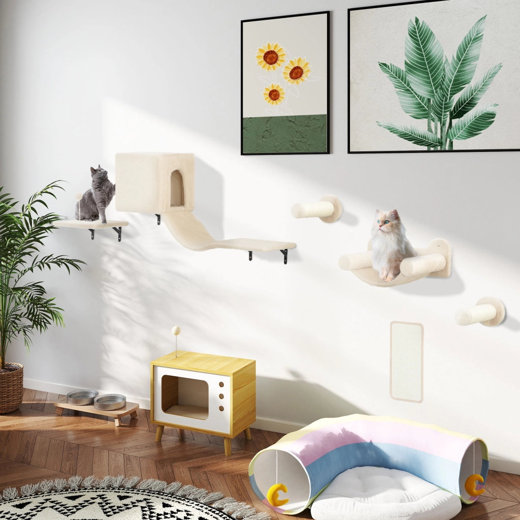 Gioco per Gatti a Parete con Piattaforma, Amaca e Graffiatoio ¨C Minimal ¨C Beige