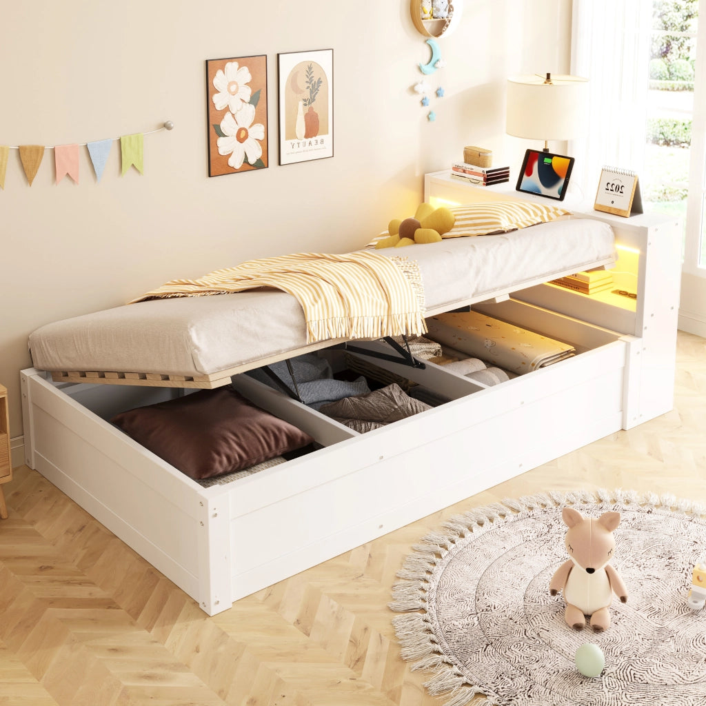 LETTO Multifunzionale 90x200 cm MDF Bianco con presa e LED
