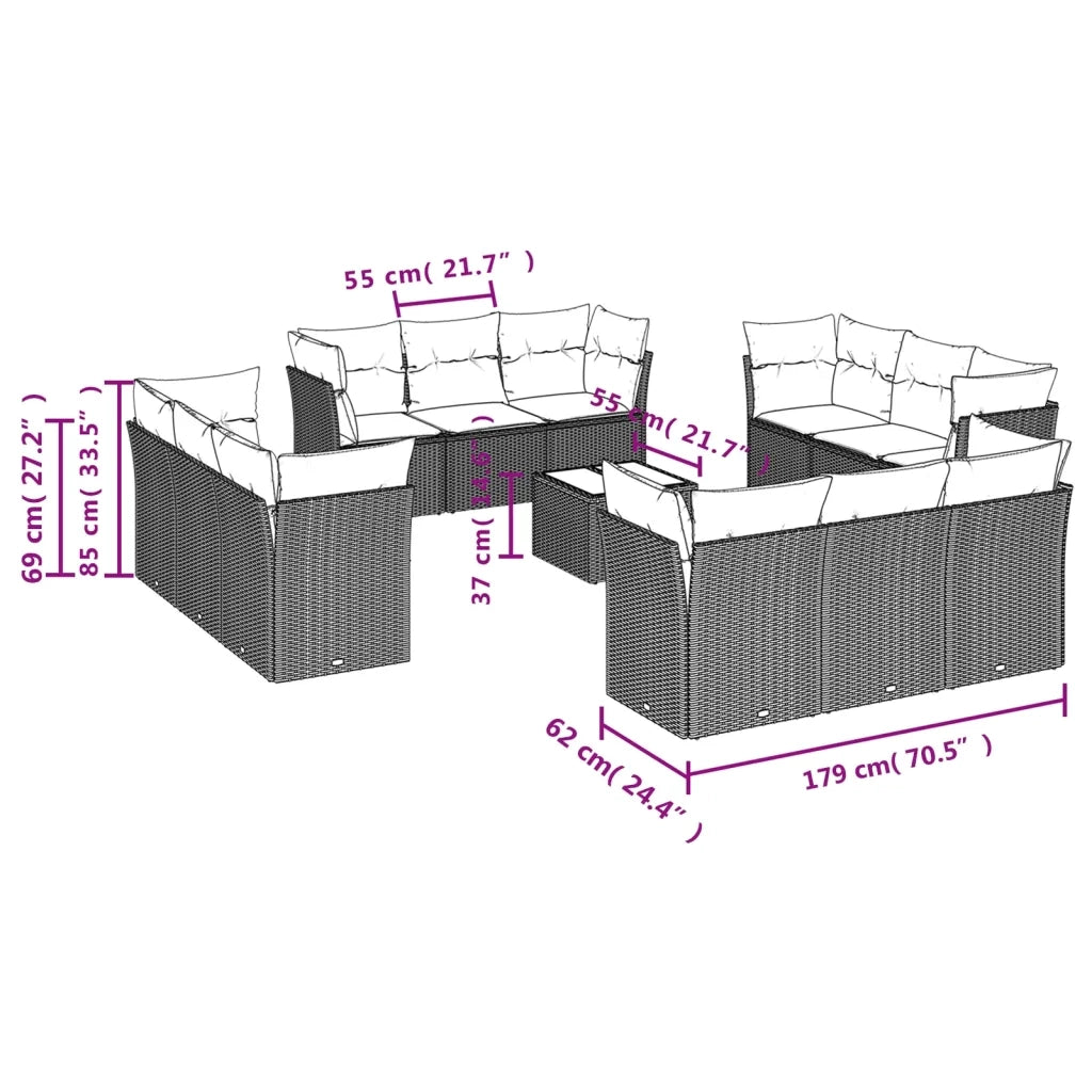 Set Divani da Giardino 13 pz con Cuscini Grigio in Polyrattan