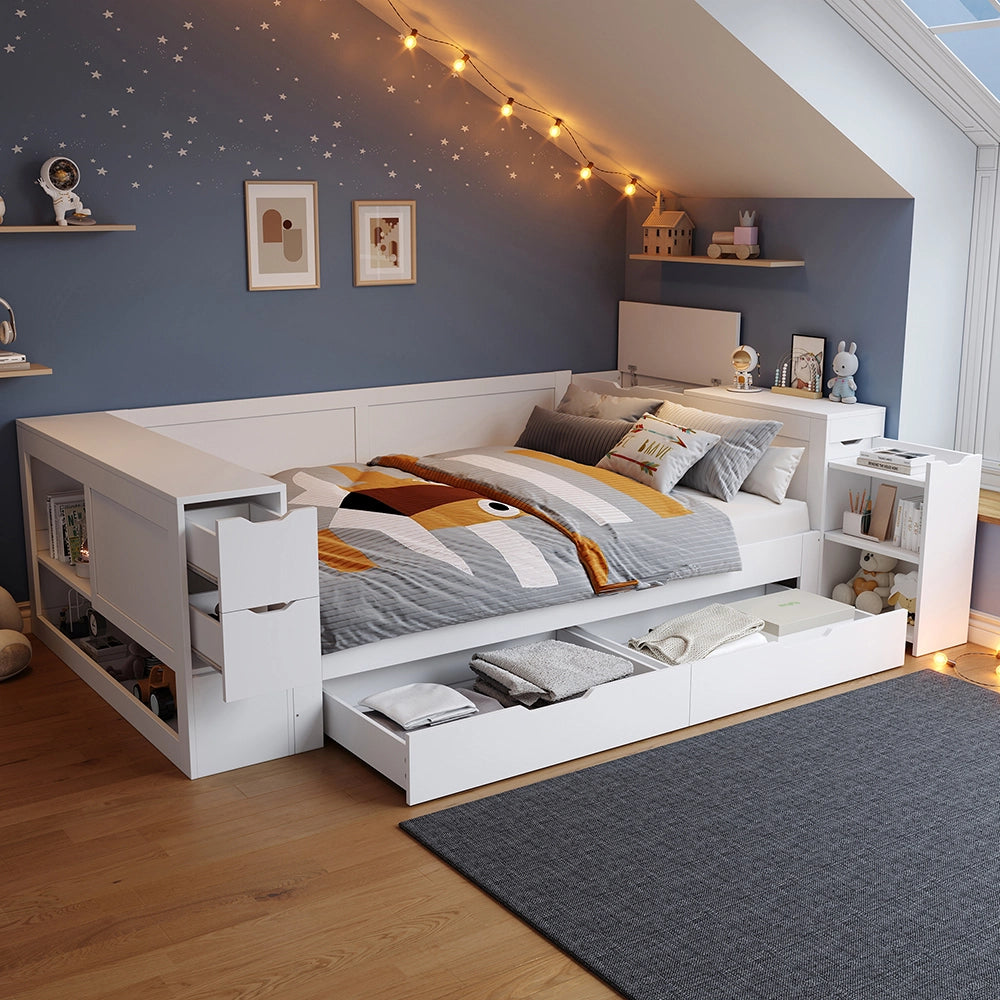 Letto-Xylo-140x200 cm-con cassetti, scrivania, comodini, bianco